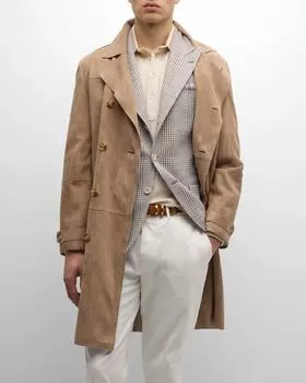 Мужской замшевый двубортный тренч Brunello Cucinelli, цвет Dark Brown
