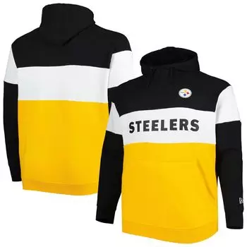 Мужской золотой/черный флисовый пуловер с капюшоном Pittsburgh Steelers Big & Tall Current с цветными блоками реглан New Era