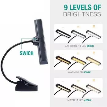 Музыкальная лампа, перезаряжаемая, лампа для чтения для нот, 3 цветовые температуры, регулировка яркости, 19 светодиодов, лампа для защиты глаз Aibecy