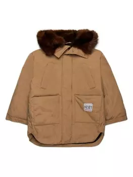N21 Kids пуховик с капюшоном и искусственным мехом, коричневый