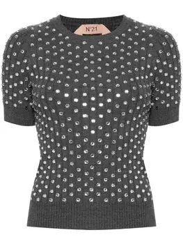 N21 шерстяной свитер, украшенный кристаллами, серый