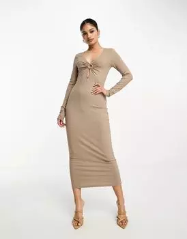 NA-KD – платье миди бежевого цвета с украшением в виде кольца и декоративным вырезом