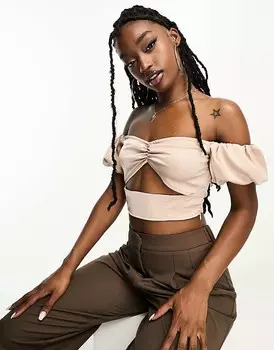 Naa Naa – Короткий атласный топ цвета шампанского с рукавами-буфами и вырезом «Кармен»