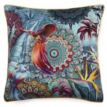 Набедренная декоративная подушка с кантом, птицей и мандалами - 48х48 см - 100% поливелвет Muller Textil, мультиколор