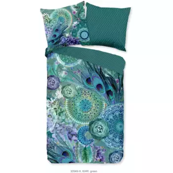 Набедренное двустороннее постельное белье «Kari», Мако-сатин, 135х200, молния, двусторонний вид, мандала, перья, зеленый Hip