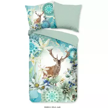 Набедренное двустороннее постельное белье «Xela», Мако сатин, 135х200, молния, двусторонний вид, зима, олень, зеленый Hip