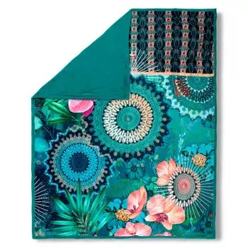 Набедренный плед с цветами и мандалами - 130х160 см - 100% поливелвет. Muller Textil, бирюзовый