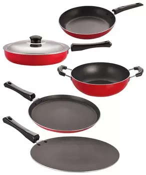 Набор алюминиевой посуды с антипригарным покрытием Nirlon 6 шт, красный/черный