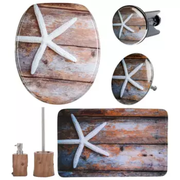 Набор аксессуаров для ванной комнаты Sanilo «Bahia», (полный комплект, 6 предметов), сиденье для унитаза, коврик для ванной, заглушка, дозатор мыла и ершик для унитаза, цвет braun-grau