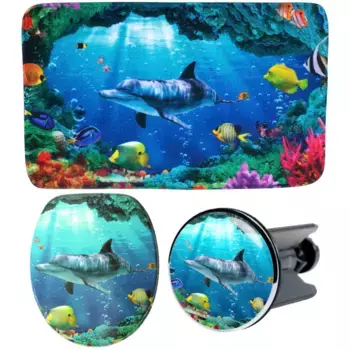 Набор аксессуаров для ванной комнаты Sanilo «Дельфин Коралл» (полный комплект, 3 шт.), состоящий из сиденья для унитаза, коврика для ванной и пробки для раковины, цвет bunt-blau