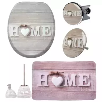 Набор аксессуаров для ванной комнаты Sanilo «Домой» (полный комплект, 6 предметов), состоящий из сиденья для унитаза, коврика для ванной, пробки, дозатора мыла, ёршика для унитаза, цвет beige-natur