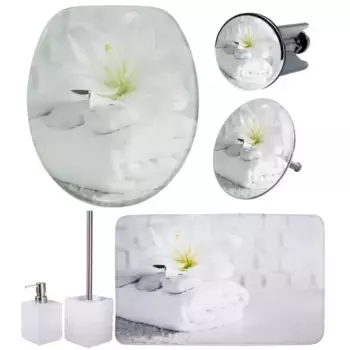 Набор аксессуаров для ванной комнаты Sanilo «Good Feeling» (полный комплект, 6 предметов), сиденье для унитаза, коврик для ванной, заглушка, дозатор мыла и ершик для унитаза, цвет wei-grau
