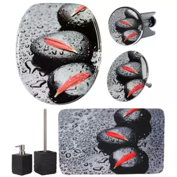 Набор аксессуаров для ванной комнаты Sanilo "Элеганс" (полный комплект, 6 предметов), состоящий из сиденья для унитаза, коврика для ванной, пробки, дозатора мыла, ершика для унитаза, цвет schwarz-grau