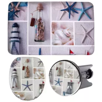 Набор аксессуаров для ванной комнаты Sanilo "Морской бриз" (полный комплект, 3 шт.), состоящий из сиденья для унитаза, коврика для ванной и пробки для раковины, цвет blau-natur