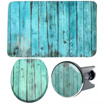 Набор аксессуаров для ванной комнаты Sanilo «Пиломатериал» (полный комплект, 3 шт.), состоящий из сиденья для унитаза, коврика для ванной и пробки для раковины, цвет trkis-blau