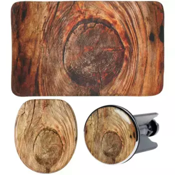 Набор аксессуаров для ванной комнаты Sanilo «Рустик» (полный комплект, 3 шт.), состоящий из сиденья для унитаза, коврика для ванной и пробки под раковину, коричневый