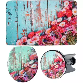 Набор аксессуаров для ванной комнаты Sanilo «Весна», (полный комплект, 3 шт.), состоящий из сиденья для унитаза, коврика для ванной и пробки для раковины, цвет trkis-blau