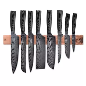 Набор азиатских ножей с магнитной деревянной полоской - Кухонный нож Kurai - Набор ножей из 8 предметов с лезвиями из нержавеющей стали ручной ковки и деревянной ручкой Пакка - устойчивый к ржавчине и острый Kchenkompane