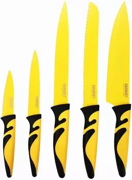 Набор банкетных ножей из 5 предметов из нержавеющей стали с антипригарным покрытием, мягкие на ощупь ручки, черный/желтый, 26 x 41 x 1,55 см Banquet