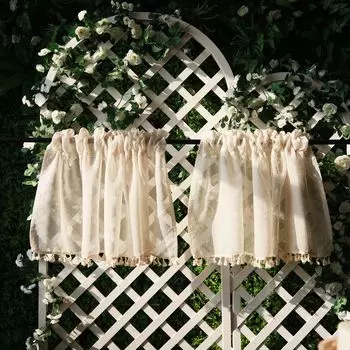 Набор бежевых панельных штор в стиле бохо из 2 винтажных полупрозрачных занавесок-бистро для кухни, коротких штор, (Ш * В): 100*100 см easy home, бежевый