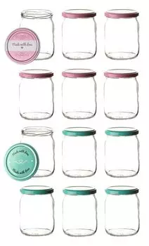 Набор BigDean из 12 баночек для консервирования с крышками розового и пастельно-зеленого цвета, выполненных с любовью - 540 мл Thats Shopping GmbH