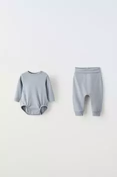 Набор боди и джоггеров в ребрушку ZARA, серый/натуральный