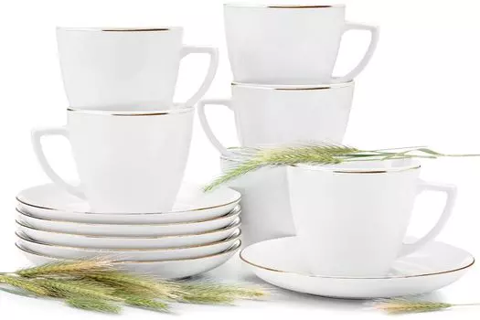 Набор чашек Konsimo на 6 персон. (12 предметов) можно использовать в микроволновой печи, можно мыть в посудомоечной машине "BOSS", белый, фарфор, элегантный, 17,5смx350мл