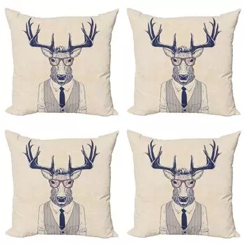 Набор чехлов на подушки ABAKUHAUS Hipster (4 предмета), Humanized Manly Deer Art, современная двусторонняя цифровая печать, 40 см x 40 см, цвет шампанского индиго