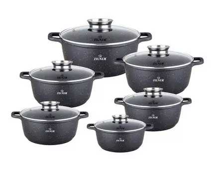 Набор черных кастрюль, 12 предметов, кастрюля для компота, суповая кастрюля, керамическая мраморная индукционная кастрюля со СТЕКЛЯННОЙ КРЫШКОЙ (1,3 л / 2,3 л / 3,2 л / 4,5 л / 6,8 л) Zilner, черный