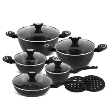 Набор черных кастрюль, 12 предметов, запеканка, кастрюля, сковорода, подставка, кухонная утварь, керамика, (1,15 л / 1,85 л / 2,1 л / 4,65 л / 5,76 л) EDENBERG, черный