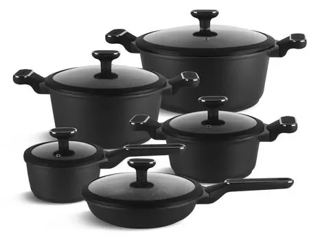 Набор черных кастрюль, матовый, 10 предметов, кастрюля, кастрюля, сковорода, керамика, (1,5 л / 1,9 л / 2,46 л / 4,3 л / 6,5 л) очень высокое качество EDENBERG, черный