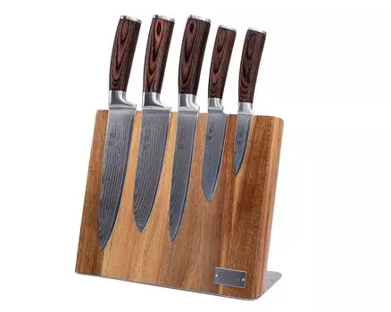 Набор дамасских ножей Wakoli Edib, 5 шт. I Деревянная коробка I Лезвие 8–20 см I с блоком для ножей
