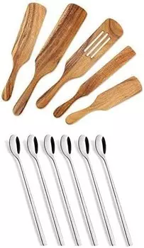 Набор деревянных кухонных принадлежностей, ложка с длинной ручкой из нержавеющей стали X 6, для матерей, молока, чая, смешивания коктейлей, перемешивания кофе, молочного коктейля, холодного напитка AOOSY