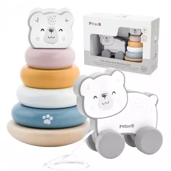 Набор деревянных пирамидок белого медведя + белый медведь на тяге Viga