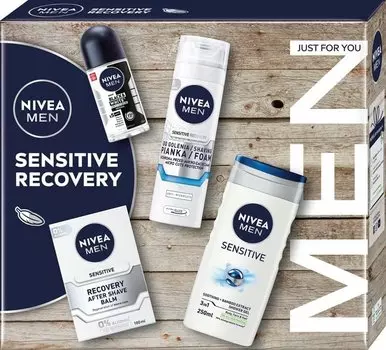 Набор для чувствительной кожи NIVEA MEN Sensitive Recovery, гель для душа 3 в 1, 250 мл + шариковый антиперспирант, 50 мл + бальзам после бритья, 100 мл + пена для бритья, 200 мл
