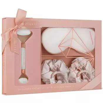 Набор для домашнего СПА из прозрачного кварца – ролик из горного хрусталя + шелковая повязка на голову + 4 шелковые резинки CRYSTALLOVE