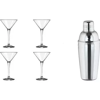 Набор для коктейлей James Cooke Martini, 5 предметов, состоящий из 4 чаш для мартини объемом 26 мл для коктейлей + 1 шейкер 0,7 л из нержавеющей стали, можно мыть в посудомоечной машине, серебро