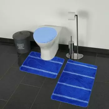 Набор для ванной комнаты, состоящий из 3 предметов, коврик для ванной, водопоглощающий, с мелким полосатым рисунком, нескользящий, синий Almina