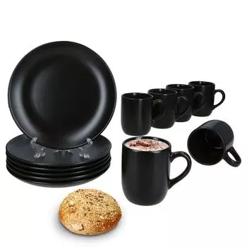 Набор для завтрака из 12 предметов, керамогранит Panther, черный, тарелка, кофейная кружка на 6 человек MamboCat