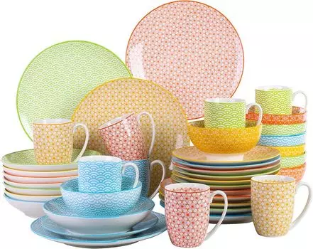 Набор фарфоровой посуды Vancasso Natsuki, состоящий из 40 предметов, в каждой из которых 8 кофейных кружек по 380 мл, миски для хлопьев 15,2 см, десертные тарелки 21,5 см, обеденные тарелки 27 см и суповые тарелки 21,2 см