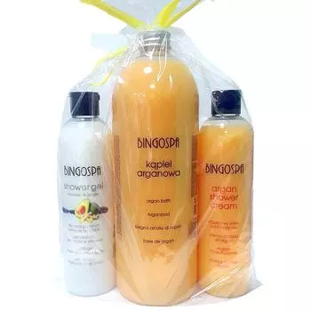 Набор: гель для душа с авокадо и имбирем, 300 мл + аргановое ванна, 1000 мл + аргановый крем для душа с ароматом персика, 300 мл Bingospa