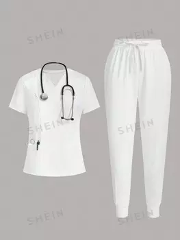 Набор гигиенических средств Task Fit, топ с карманами, короткие рукава, V-образный вырез и длинные брюки, завязки спереди, однотонный цвет, простой стиль Shein, белый