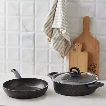 Набор индукционной посуды Karaca Biogranit, черный, 3 предмета, черное золото: кастрюля диаметром 26 см с крышкой и сковорода диаметром 26 см, высококачественный материал Biogranit, без ПФОК, можно мыть в посудомоечной машине