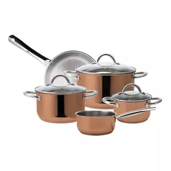 Набор индукционных кастрюль ECHTWERK из высококачественной нержавеющей стали, посуда из 8 предметов, кастрюли, стеклянные крышки, 3 кастрюли, кастрюля и сковорода, подходит для всех типов плит, медное издание, EW-TS-8020K