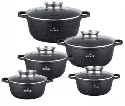 Набор из 10 мраморных кастрюль со стеклянной крышкой, набор кастрюль с мраморным покрытием ZILNER ZL-8522, черный