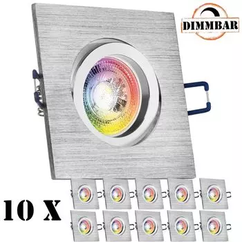 Набор из 10 встраиваемых светодиодных точечных светильников RGB GU10 из матового алюминия со светодиодами LEDANDO мощностью 3 Вт - 11 цветов + теплый белый - вкл. пульт дистанционного управления - с регулируемой яркостью - квадратный.