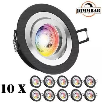 Набор из 10 встраиваемых светодиодных точечных светильников RGB GU10 черного цвета со светодиодами мощностью 3 Вт от LEDANDO - 11 цветов + холодный белый - вкл. пульт дистанционного управления - с регулируемой яркостью - круглые., черный