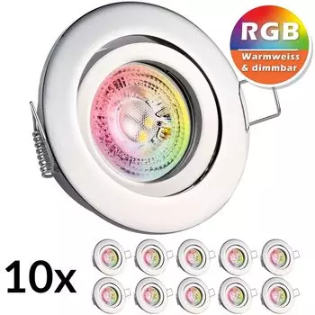 Набор из 10 встраиваемых светодиодных точечных светильников RGB GU10 в хроме со светодиодами мощностью 3 Вт от LEDANDO - 11 цветов + теплый белый - вкл. пульт дистанционного управления - с регулируемой яркостью - круглые.