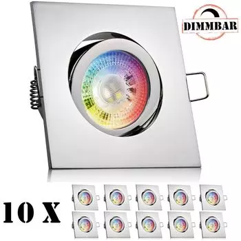 Набор из 10 встраиваемых светодиодных точечных светильников RGB GU10 в хроме со светодиодами 3 Вт от LEDANDO - 11 цветов + холодный белый - вкл. пульт дистанционного управления - с регулируемой яркостью - квадратный.