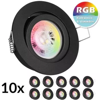 Набор из 10 встраиваемых светодиодных точечных светильников RGB GU10 черного цвета со светодиодами мощностью 3 Вт от LEDANDO - 11 цветов + холодный белый - вкл. пульт дистанционного управления - с регулируемой яркостью - круглые., черный